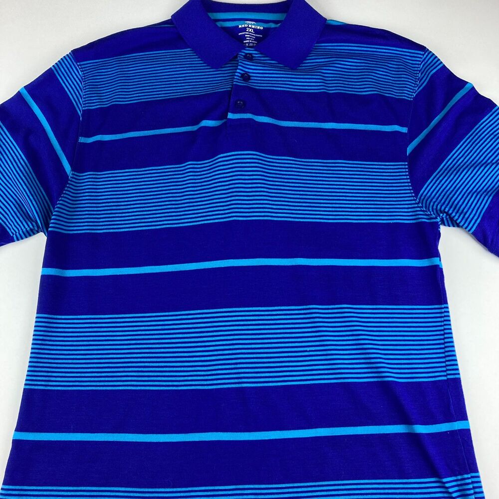 Red Rhino Polo Shirt Mens 2XL Blue Aqua Striped Short Sleeve Cotton Blend